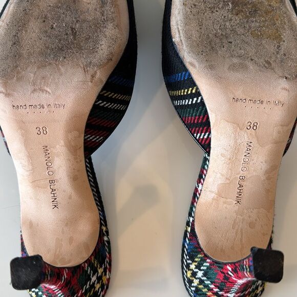 Manolo Blahnik Plaid Maysale Buckle Mules Blue Red EU 38 US 8 Shoes - Picture 7 of 8
